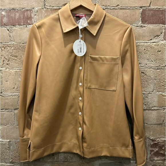 Staud Nwt Lynn Vegan Leather Collared Shirt In Doe Size Xs. - Picture 3 of 11